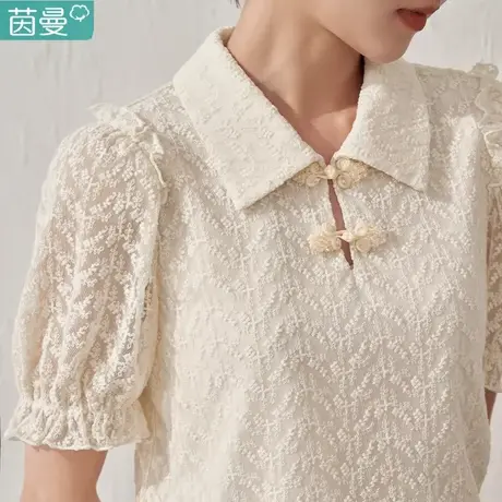 茵曼官方旗舰店女装刺绣盘扣短袖衬衫夏季法式复古气质别致上衣图片