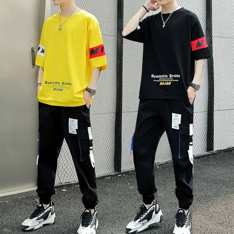 青少年短袖t恤男孩子潮流套装夏装夏季初中高中学生帅气一套衣服图片