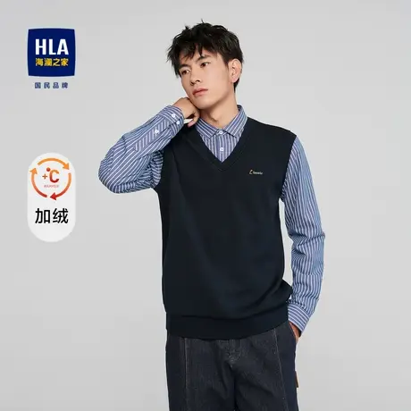 HLA/海澜之家内里加绒保暖针织衫字母刺绣假两件衬衫领套头毛衣男图片