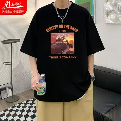 短袖男潮牌潮流港风ins休闲t恤日式复古纯棉小领口情侣上衣服百搭商品大图