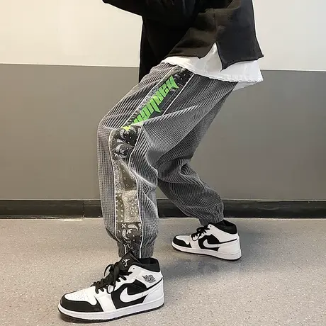 灯芯绒裤子男秋季运动潮牌韩版宽松束脚工装裤直筒长裤帅气休闲裤商品大图