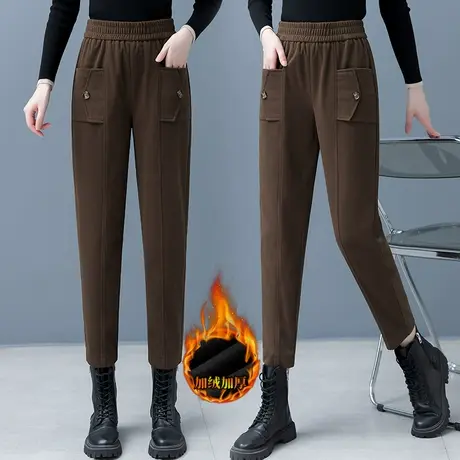 咖色毛呢裤子女秋冬小个子高腰九分裤2023新款时尚休闲哈伦裤加绒商品大图