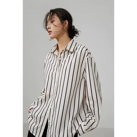 条纹复古秋季新款长袖衬衫女上衣宽松叠穿韩版衬衫外套高级感小众商品大图