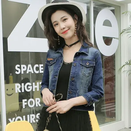 牛仔外套女短款修身韩版潮显瘦学生七分袖春秋大码牛仔服上衣弹力商品大图