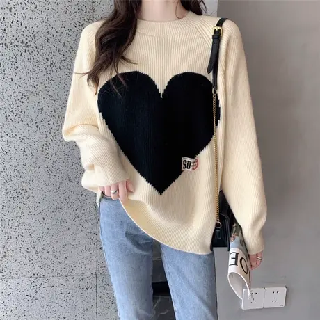 毛衣女2023年秋冬新款爱心套头针织衫宽松大码加厚半高领打底衫女商品大图