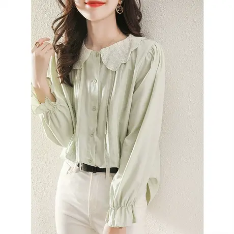 2023秋季新款清新长袖娃娃领衬衣女春秋装纯棉衬衫女学生打底上衣图片
