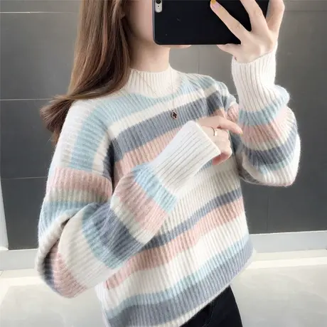 条纹拼色短款半高领外穿针织衫上衣新款秋冬季女装韩版宽松毛衣图片