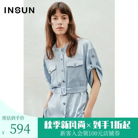 恩裳2023年夏新款三醋酸圆领复古帅气腰带上衣易打理衬衫商品大图