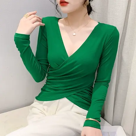设计感小众交叉T恤女长袖洋气百搭收腰小衫不规则下摆紧身上衣秋商品大图