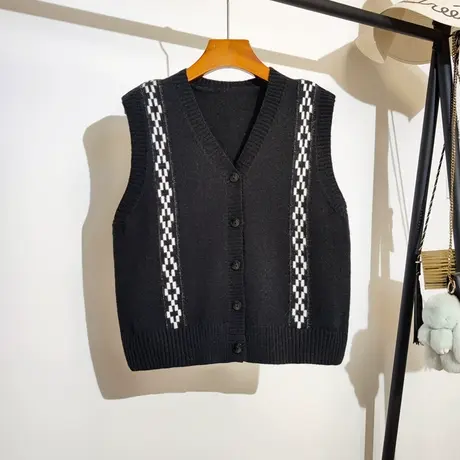 学院风拼色v领针织马甲开衫外套女春秋韩系宽松无袖毛衣背心外穿商品大图