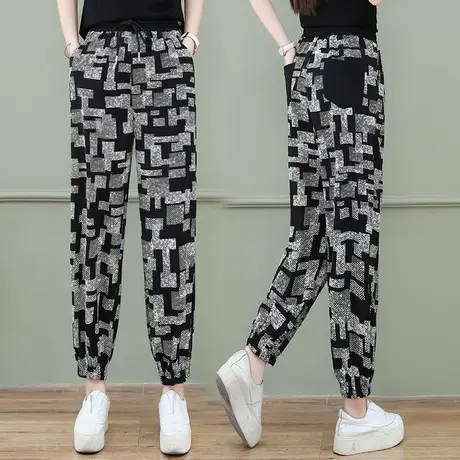 冰丝哈伦裤女夏薄款九分印花宽松束脚裤高腰2023大码显瘦老爹裤子商品大图