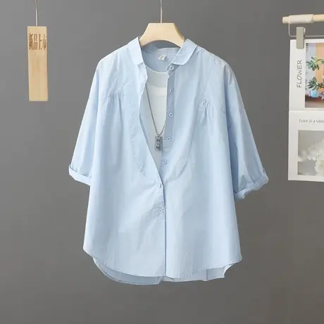 2023夏季新款蓝色纯棉衬衫女短袖薄款宽松休闲衬衣设计感小众衬衣商品大图