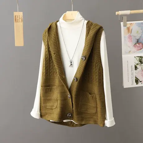 连帽针织马甲背心女开衫春秋2023秋季新款设计感宽松坎肩毛衣外套图片