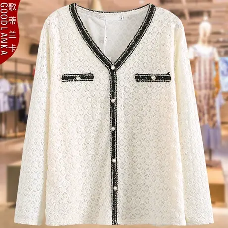 年轻气质胖妈妈春秋款V领上衣洋气时尚中年妇女小衫大码蕾丝衫女商品大图