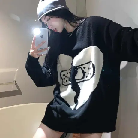 oversize日系复古毛衣女秋冬宽松设计感小众慵懒风高级感上衣外套图片