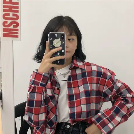2019秋装新款港味软妹格子日系waitmore长袖衬衫衬衣女外套宽松潮商品大图