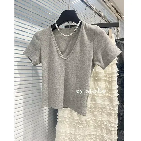 韩国东大门2023春夏季新款短款修身百搭显瘦V领净版螺纹短袖T恤女图片