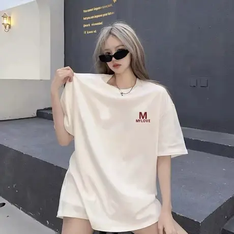 欧货2023夏季新款白色短袖t恤女宽松大码中长款仿棉半袖体恤上衣商品大图