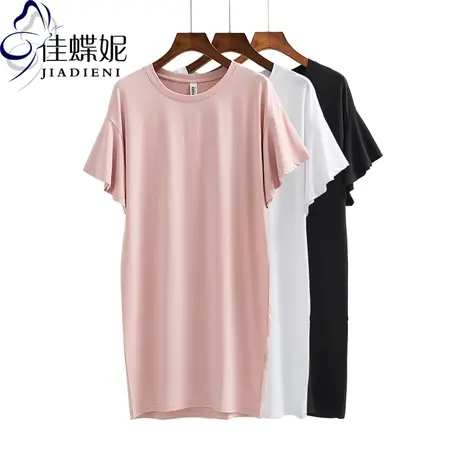 春夏季宽松圆领短袖喇叭中长款T恤纯白纯色休闲打底衫女装连衣裙图片