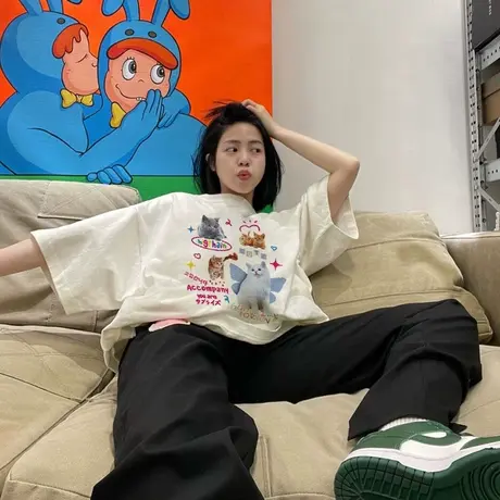 白色短袖t恤女纯棉夏季2023新款oversize美式复古宽松半袖上衣ins图片