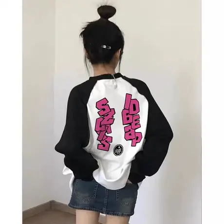 纯棉插肩长袖t恤女春秋季2023新款设计感宽松打底衫上衣服小个子图片