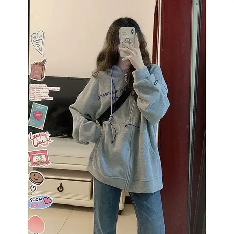 灰色卫衣女早春2023新款连帽宽松美式复古oversize薄款外套上衣图片