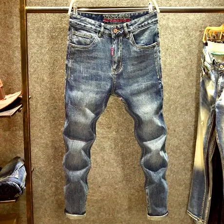 潮牌修身牛仔裤男耐磨小直筒弹力裤子春季韩版潮流水洗九分裤子男商品大图