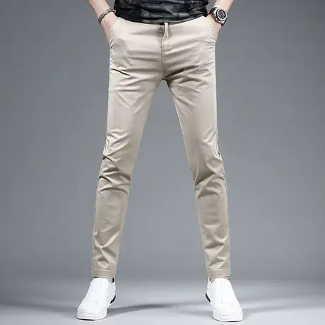 男士休闲裤2023夏季新款潮牌卡其色修身小脚潮流弹力潮流百搭长裤商品大图