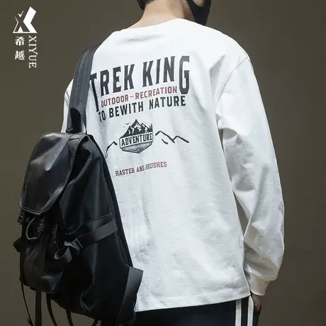 希越纯棉山系印花长袖T恤男秋季宽松大码圆领260克重磅内搭打底衫图片