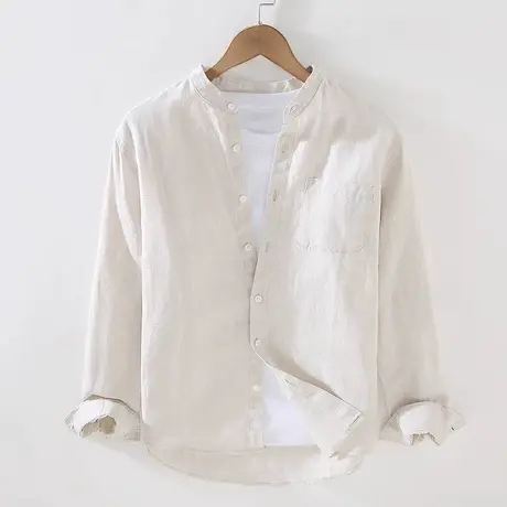 亚麻衬衫男长袖秋季新款纯色男士休闲棉麻立领白衬衣宽松男装上衣商品大图