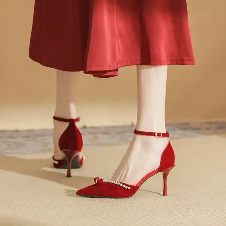 婚鞋新娘鞋高跟鞋女2023年新款秋季珍珠蝴蝶结细跟尖头单鞋商品大图