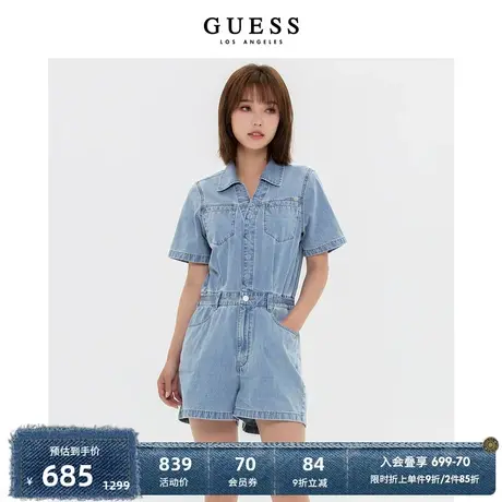 GUESS女士复古做旧松紧腰翻领短袖连体衣裤短裤-YN2D6753商品大图