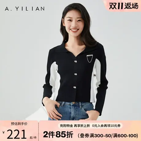 阿依莲2023新款秋款女装黑白撞色百搭流行时尚显高挑套头针织毛衫图片