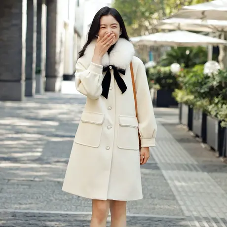 时尚气质狐狸毛领毛呢大衣2022年冬季新款淑女温柔宽松显瘦外套商品大图