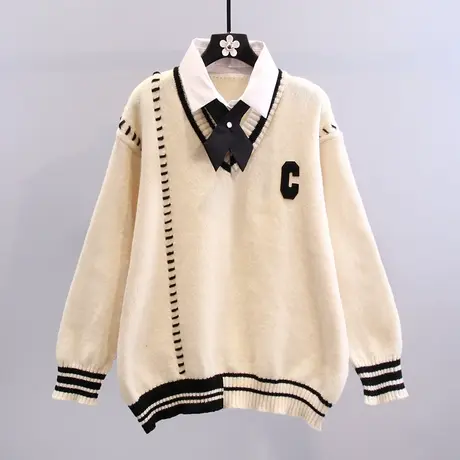 学院风假两件毛衣女冬季2023新款韩版宽松外穿洋气百搭休闲针织衫图片