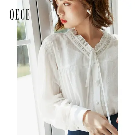 Oece气质白色衬衫2022秋季新款女装甜美系带设计感小众上衣夏衬衣商品大图