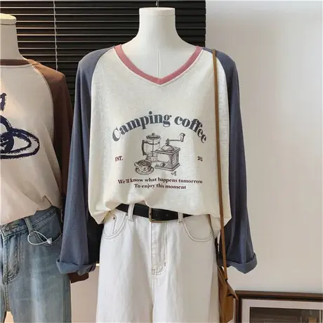 咖啡印花拼色插肩长袖t恤女秋韩国新款雪花棉宽松时尚打底衫上衣商品大图