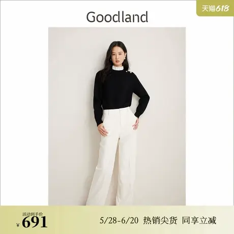 Goodland美地春季法式优雅花边绵羊毛针织衫套头上衣图片