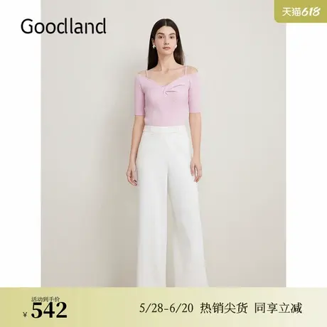 Goodland美地夏季白色通勤高腰长裤阔腿休闲裤商品大图