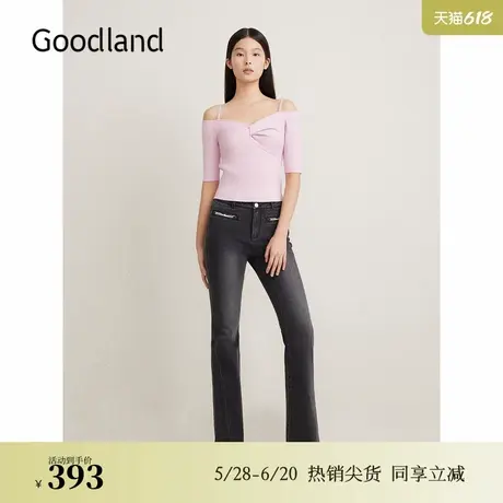 Goodland美地女装夏季法式一字领毛针织衫收褶截短上衣图片