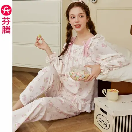 芬腾纯棉睡衣女款春秋季长袖长裤韩版休闲碎花大码全棉家居服套装商品大图