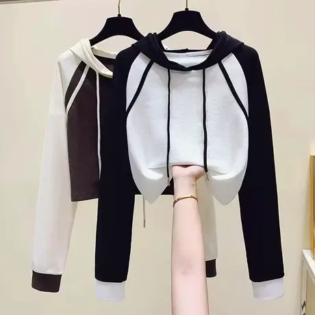 拼色插肩长袖T恤女初秋洋气减龄宽松百搭短款小个子连帽打底上衣商品大图