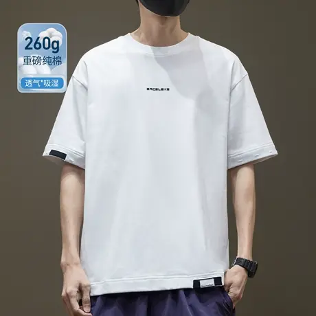休闲简约260g纯棉印花短袖T恤男夏季新款宽松大码男士五分袖体恤商品大图