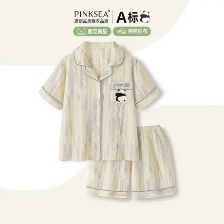 全棉睡衣女款A类纯棉纱布带胸垫短袖情侣套装夏季新款男士家居服商品大图