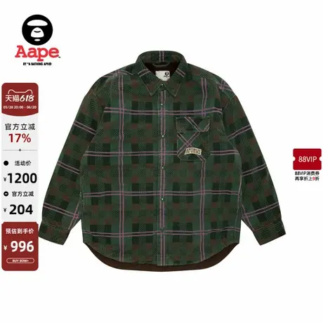 Aape旗舰女装字母刺绣格纹厚绒宽松休闲长款夹克外套7699XXN图片