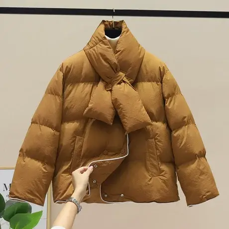 2023冬装羽绒棉厚款棉衣圆领短款带围脖袄子纯色棉服外套女休闲风图片