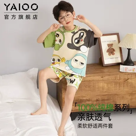 雅鹿儿童纯棉睡衣男童夏季纯棉短袖短裤套装中大童卡通家居服套装商品大图