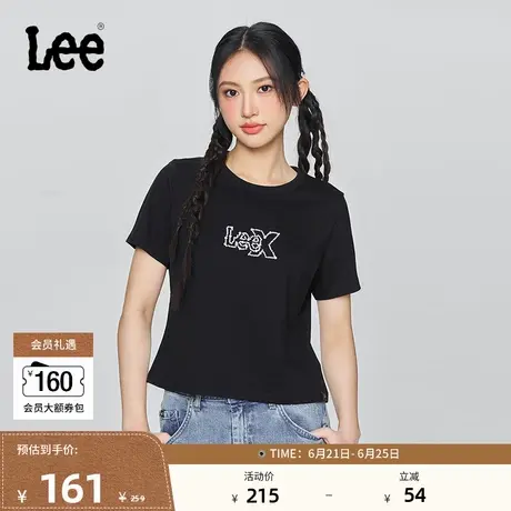 Lee25春夏新品舒适版圆领珍珠Logo印花黑色短款女短袖T恤休闲潮图片