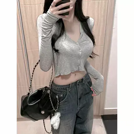 现货~Onoev短款休闲开衫长袖简约百搭纯色小衫外搭商品大图