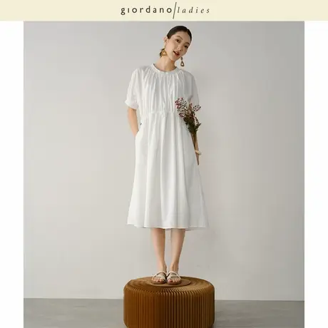 GL2025秋季新款裙子女哑光缎布圆领抽绳收腰短袖连衣裙女02465014图片